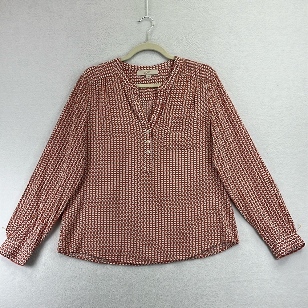 LOFT Women’s Rayon Blouse Size L Dusty Rose & Tan Geometric Print